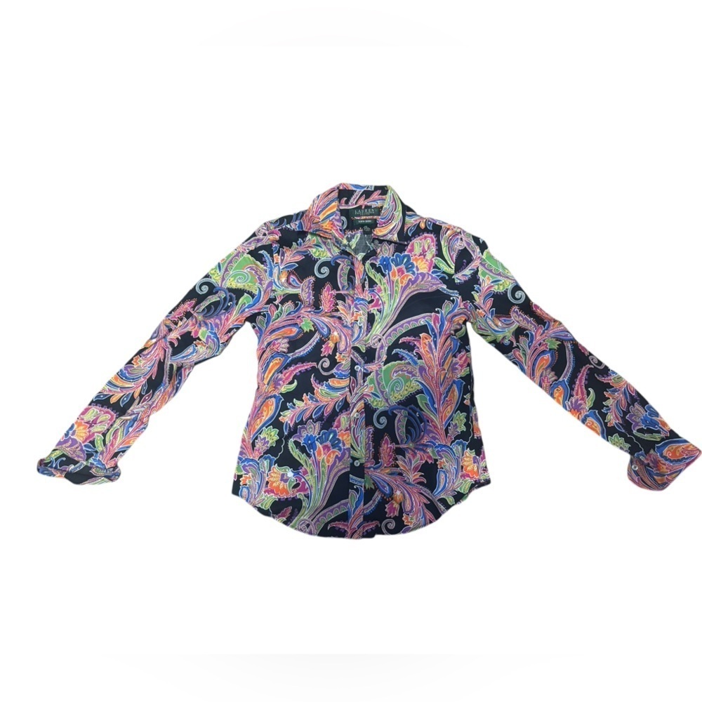 Lauren Ralph Lauren Womens Blouse Shirt small Paisley Floral Non-Iron petite
